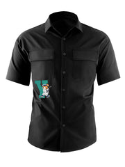 Letter & Baseball Bear Print Casual Short Sleeve Shirt with Chest Pockets