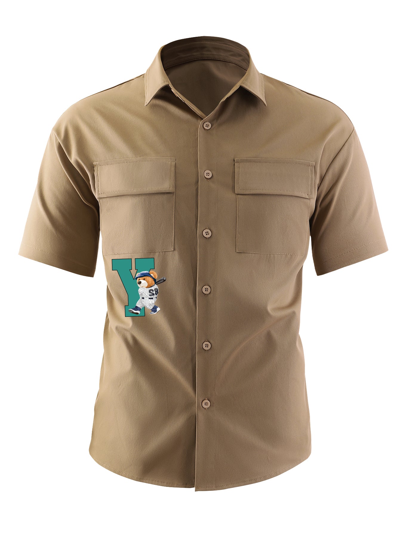 Letter & Baseball Bear Print Casual Short Sleeve Shirt with Chest Pockets