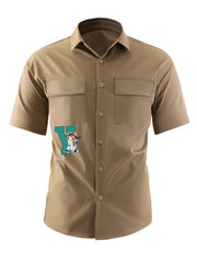 Letter & Baseball Bear Print Casual Short Sleeve Shirt with Chest Pockets