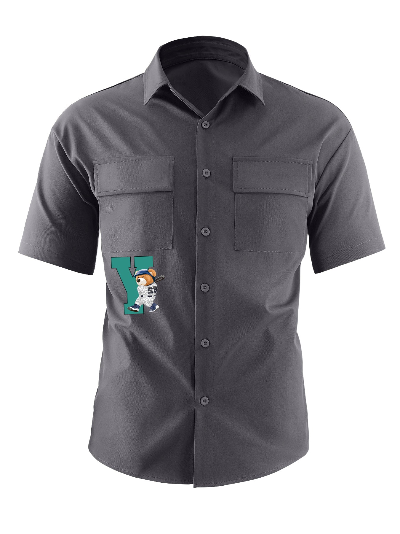 Letter & Baseball Bear Print Casual Short Sleeve Shirt with Chest Pockets