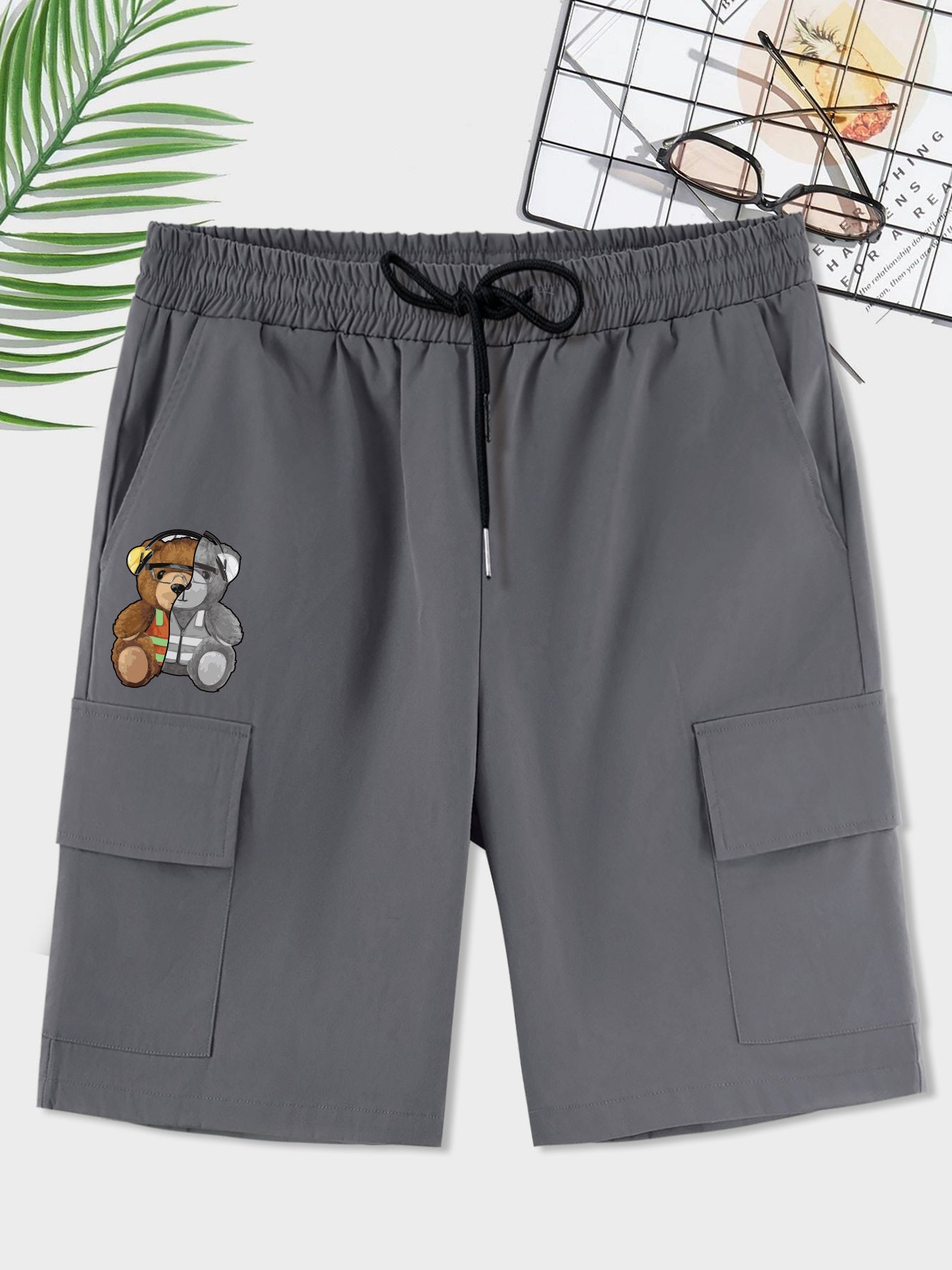 Bear Pattern Cargo Shorts Men's Casual Pocket Waist Drawstring Cargo Shorts