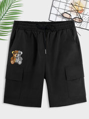 Bear Pattern Cargo Shorts Men's Casual Pocket Waist Drawstring Cargo Shorts