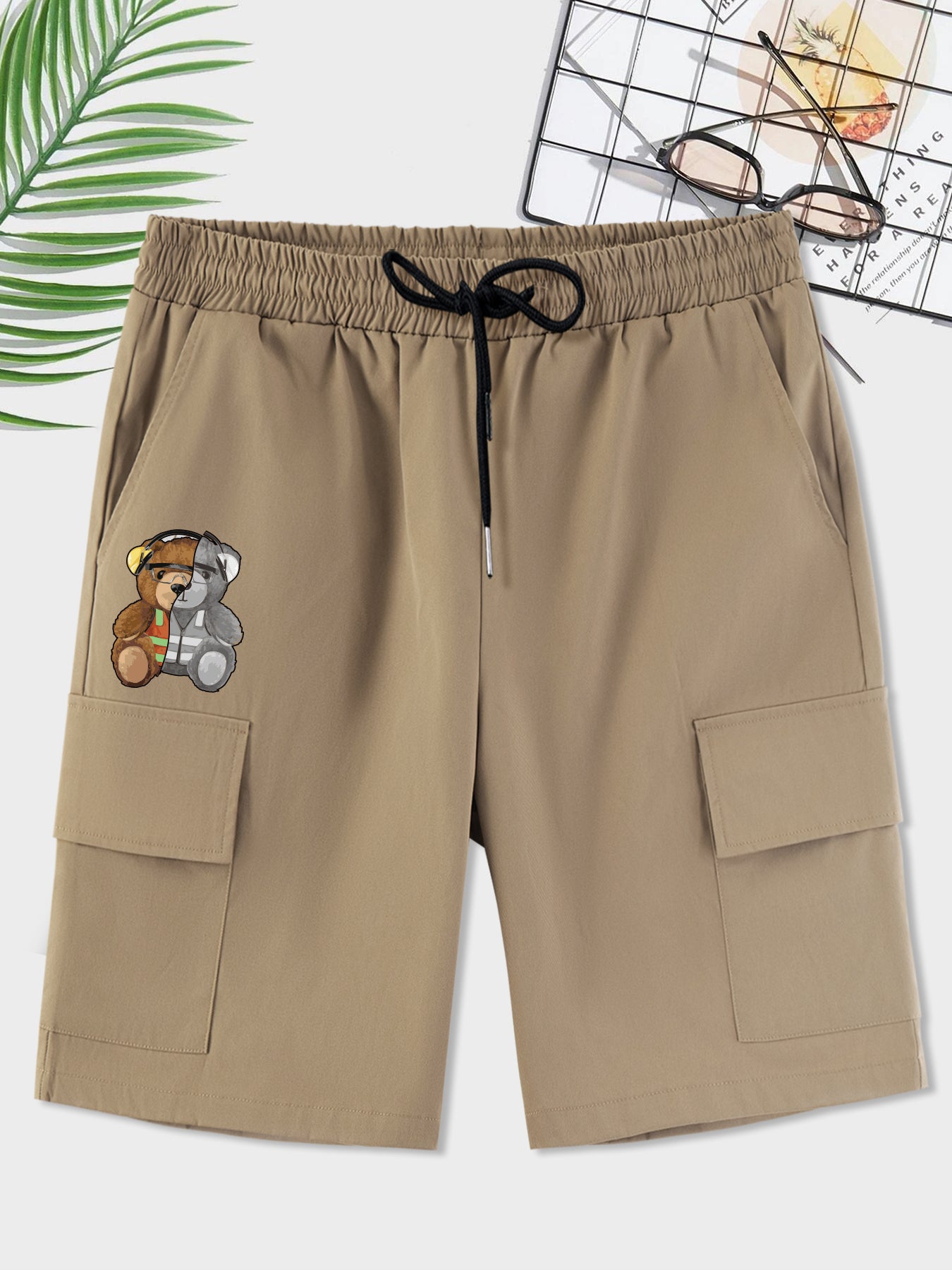 Bear Pattern Cargo Shorts Men's Casual Pocket Waist Drawstring Cargo Shorts