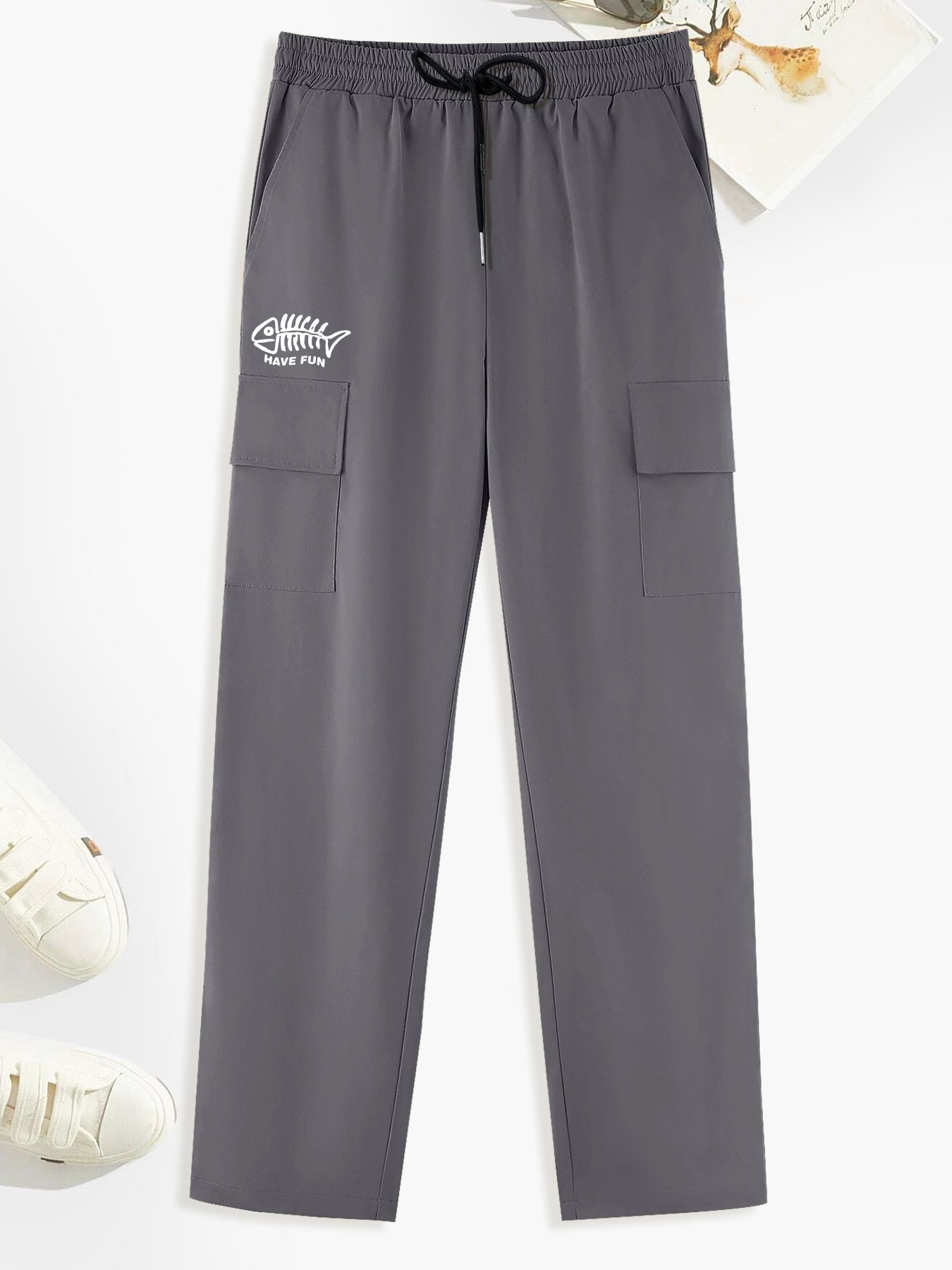 Fishbone Teddy Bear Print Cargo Pants Men's Drawstring Cargo Pants