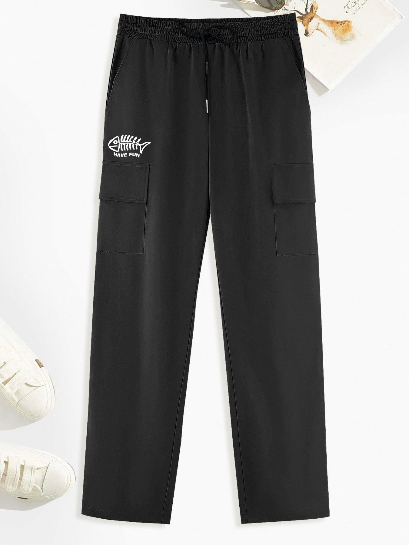 Fishbone Teddy Bear Print Cargo Pants Men's Drawstring Cargo Pants