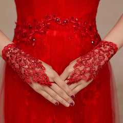 Ivory Lace Floral Short Wedding Gloves Inlaid Rhinestone