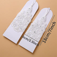 Ivory Lace Floral Short Wedding Gloves Inlaid Rhinestone