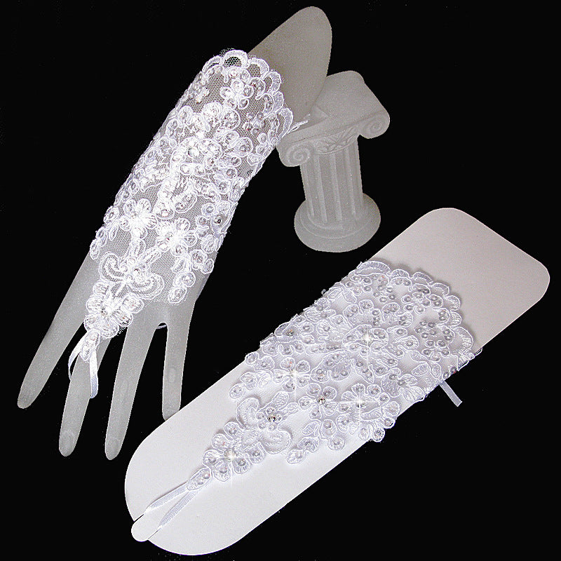 Ivory Lace Floral Short Wedding Gloves Inlaid Rhinestone