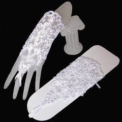 Ivory Lace Floral Short Wedding Gloves Inlaid Rhinestone
