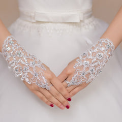 Ivory Lace Floral Short Wedding Gloves Inlaid Rhinestone