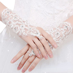 Ivory Lace Floral Short Wedding Gloves Inlaid Rhinestone
