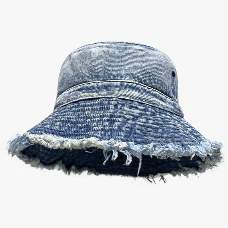 Frayed Brim Denim Bucket Hat Washed Distressed Hip Hop Couple Basin Hat