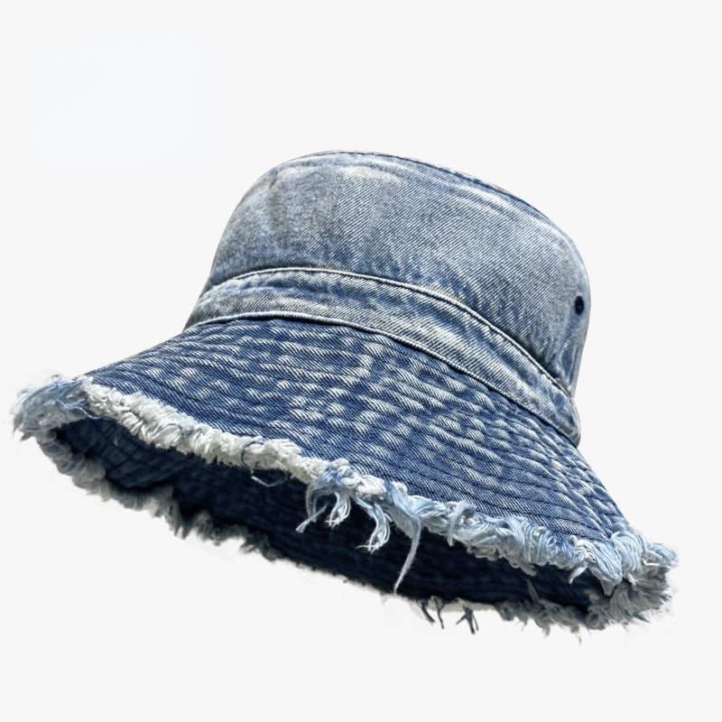 Frayed Brim Denim Bucket Hat Washed Distressed Hip Hop Couple Basin Hat