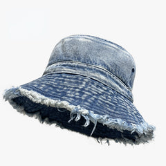 Frayed Brim Denim Bucket Hat Washed Distressed Hip Hop Couple Basin Hat