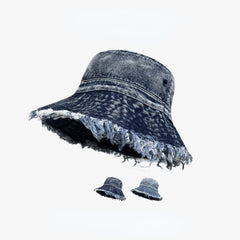 Frayed Brim Denim Bucket Hat Washed Distressed Hip Hop Couple Basin Hat