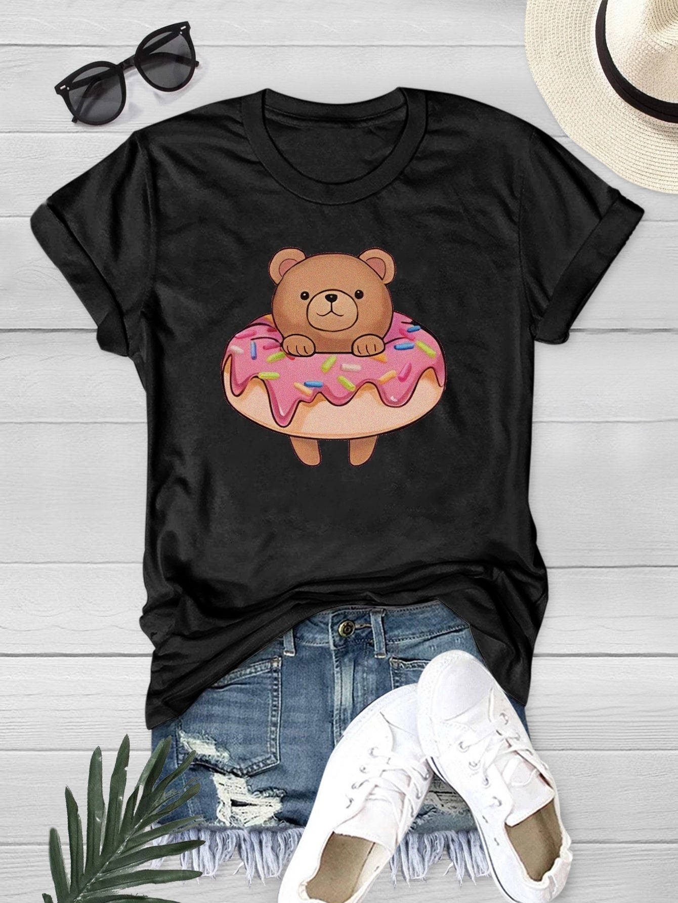 Bear Graphic Casual T shirts Short Sleeve Round Neck Summer Casual Sports Tee