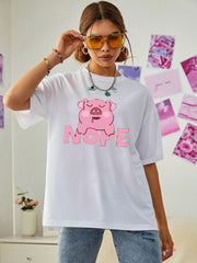 Cute Pig Letter Print Graphic Tee Womens Crew Neck T-shirt