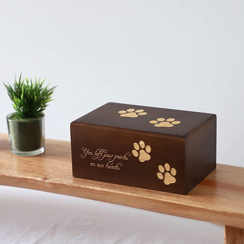 Wooden Pet Urn With Paw Pattern - Memorial Keepsake for Beloved Pet