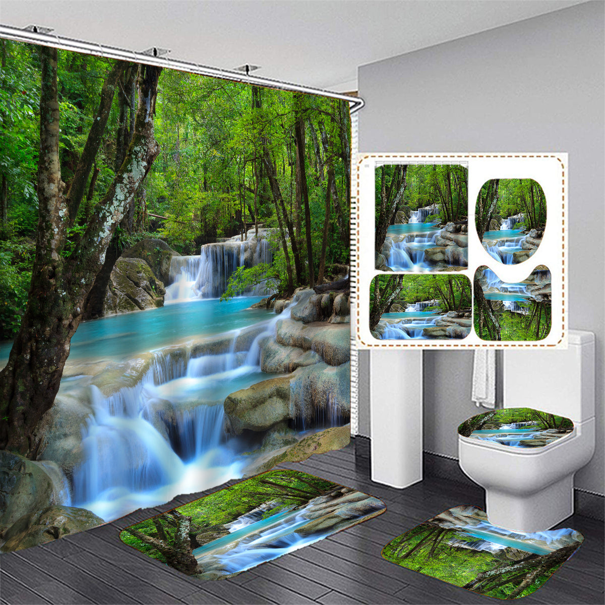 Green Forest Waterfall Shower Curtain Set with 12 Hooks