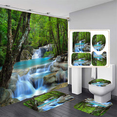 Green Forest Waterfall Shower Curtain Set with 12 Hooks