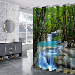 Green Forest Waterfall Shower Curtain Set with 12 Hooks