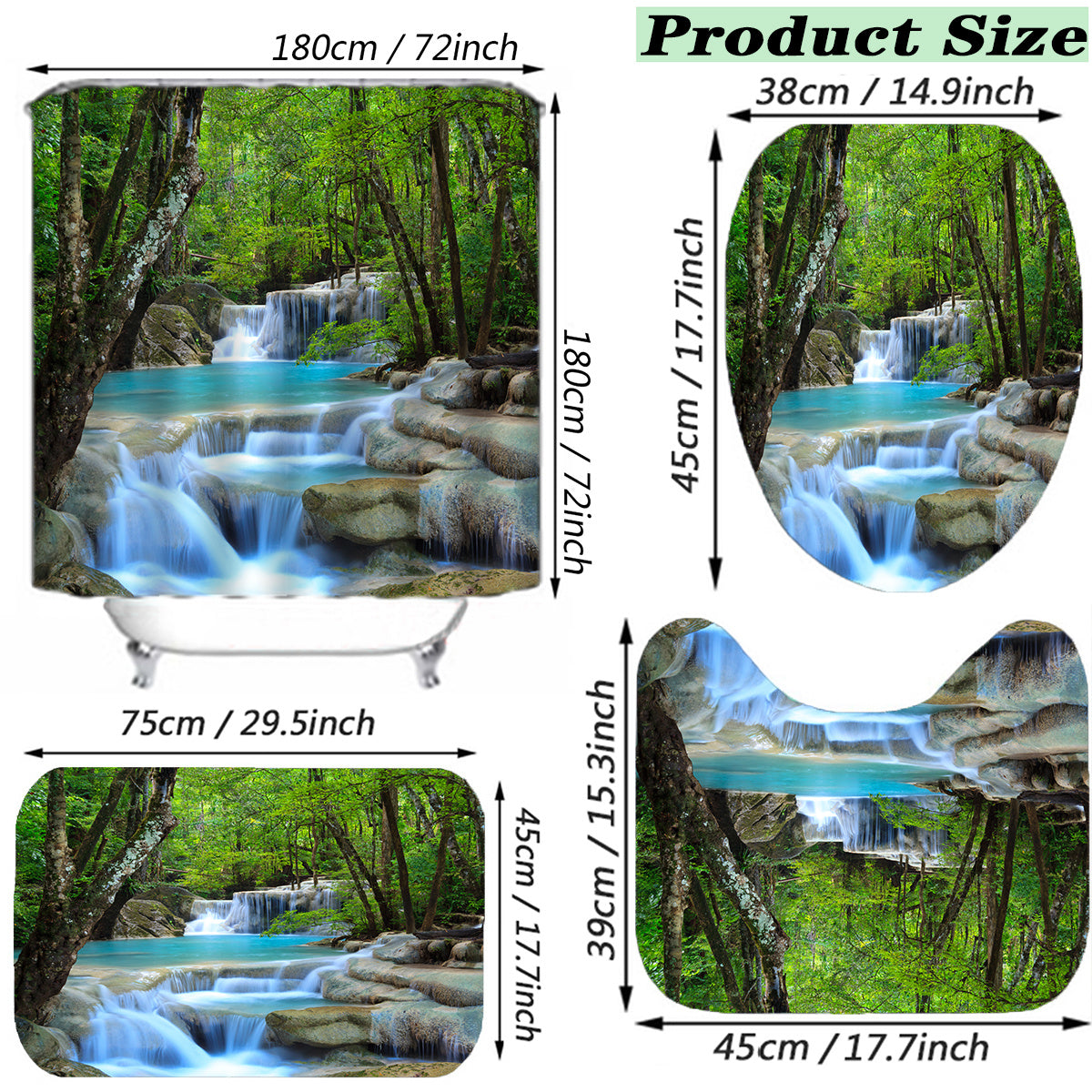 Green Forest Waterfall Shower Curtain Set with 12 Hooks