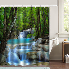 Green Forest Waterfall Shower Curtain Set with 12 Hooks