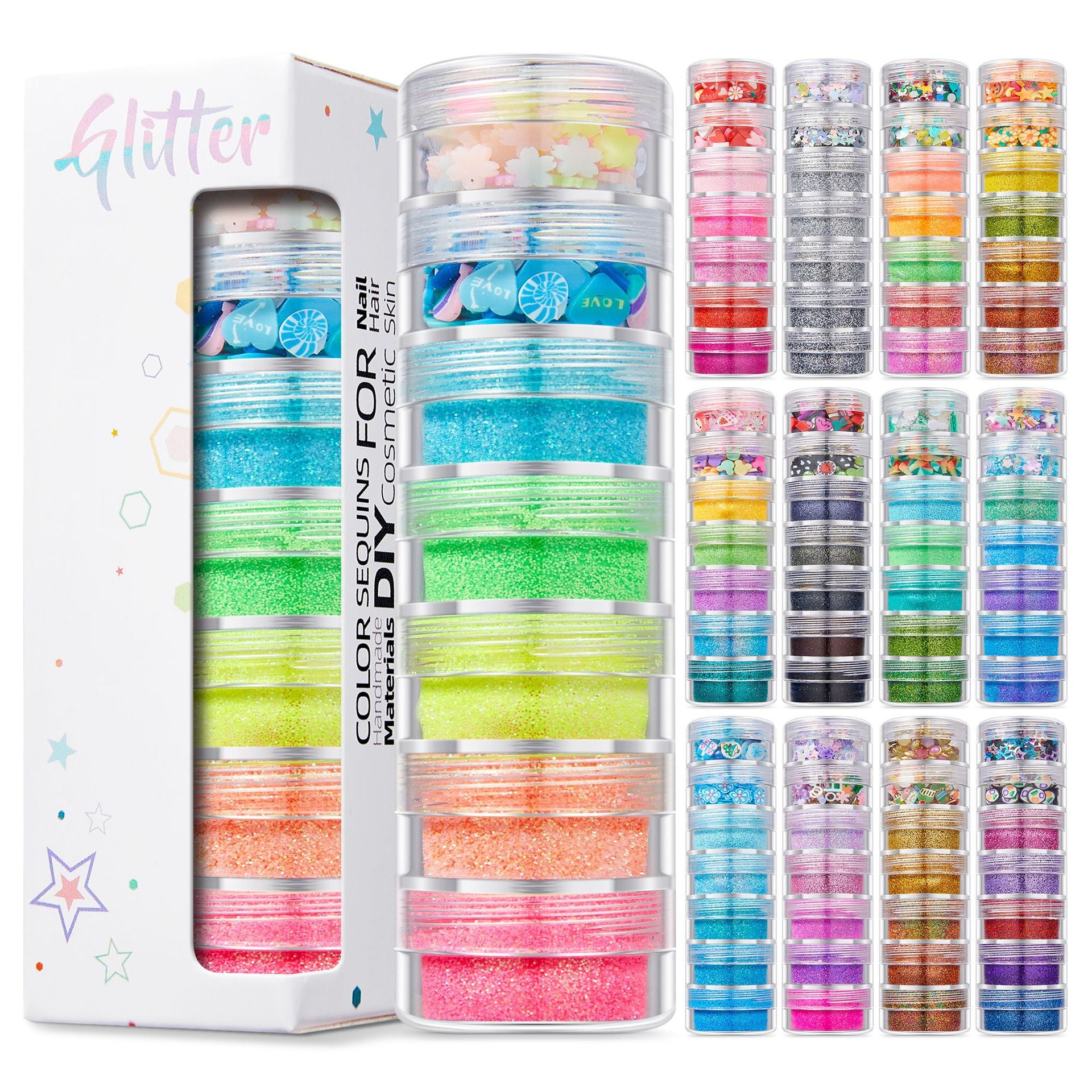 7 Bottle Set Chunky & Fine Glitter Mix Iridescent Makeup Glitter