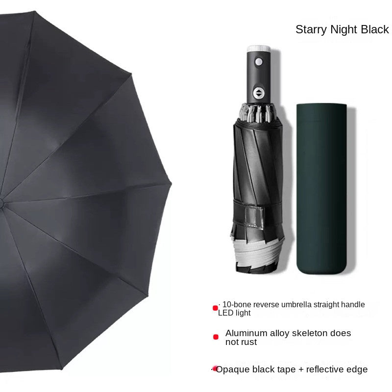 Reflective LED Lighting Sunshade Umbrella 10 Ribs Reverse Folding Umbrella