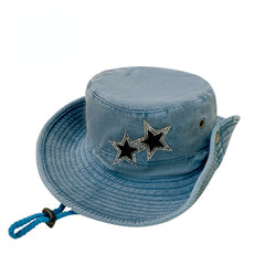 Distressed Bucket Hat Rhinestone Star Patch Cotton Lightweight Sunshad