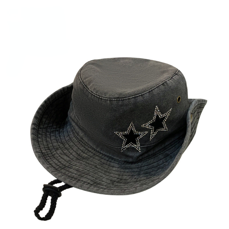 Distressed Bucket Hat Rhinestone Star Patch Cotton Lightweight Sunshad