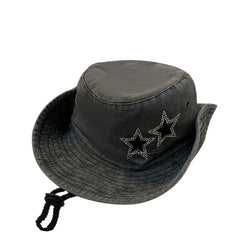 Distressed Bucket Hat Rhinestone Star Patch Cotton Lightweight Sunshad