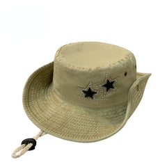 Distressed Bucket Hat Rhinestone Star Patch Cotton Lightweight Sunshad