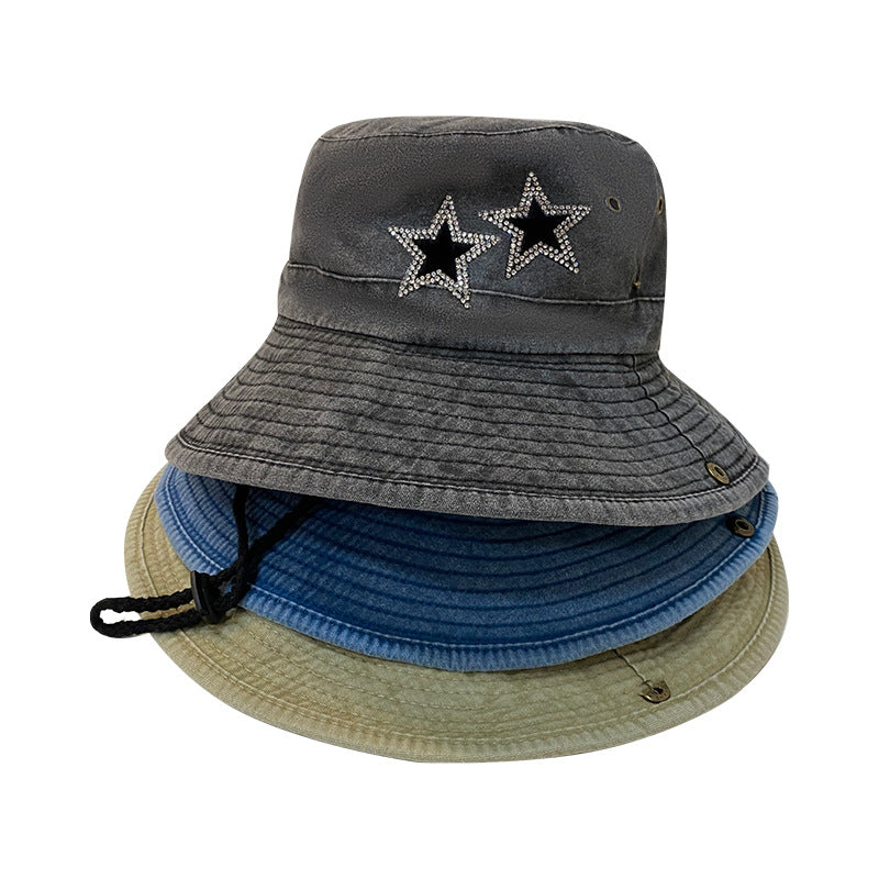 Distressed Bucket Hat Rhinestone Star Patch Cotton Lightweight Sunshad