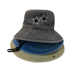 Distressed Bucket Hat Rhinestone Star Patch Cotton Lightweight Sunshad
