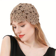 Solid Crochet Beanie Flower Hollow Out Beanie Elastic Knitted Cloche Hat