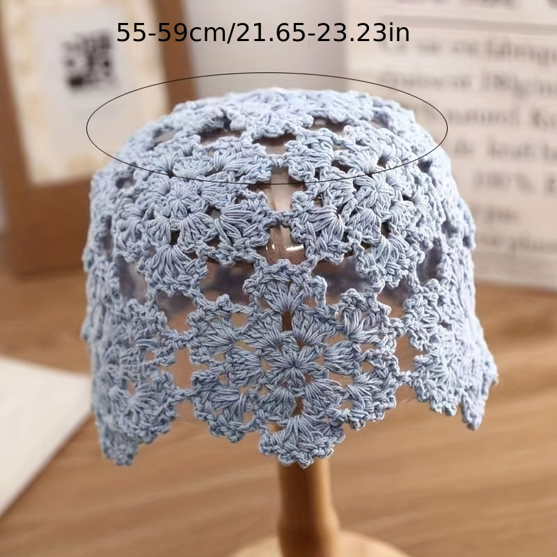Solid Crochet Beanie Flower Hollow Out Beanie Elastic Knitted Cloche Hat