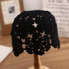 Solid Crochet Beanie Flower Hollow Out Beanie Elastic Knitted Cloche Hat