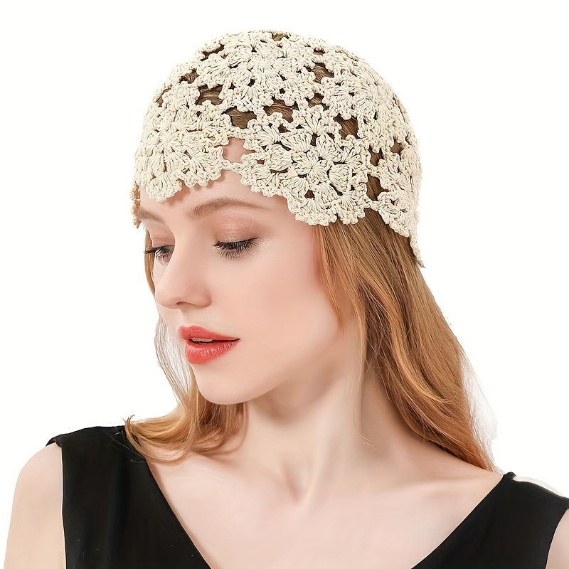 Solid Crochet Beanie Flower Hollow Out Beanie Elastic Knitted Cloche Hat