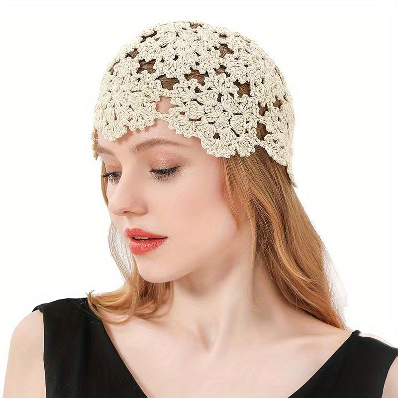 Solid Crochet Beanie Flower Hollow Out Beanie Elastic Knitted Cloche Hat