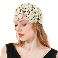 Solid Crochet Beanie Flower Hollow Out Beanie Elastic Knitted Cloche Hat