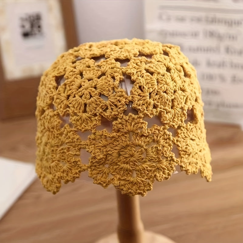 Solid Crochet Beanie Flower Hollow Out Beanie Elastic Knitted Cloche Hat