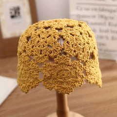 Solid Crochet Beanie Flower Hollow Out Beanie Elastic Knitted Cloche Hat