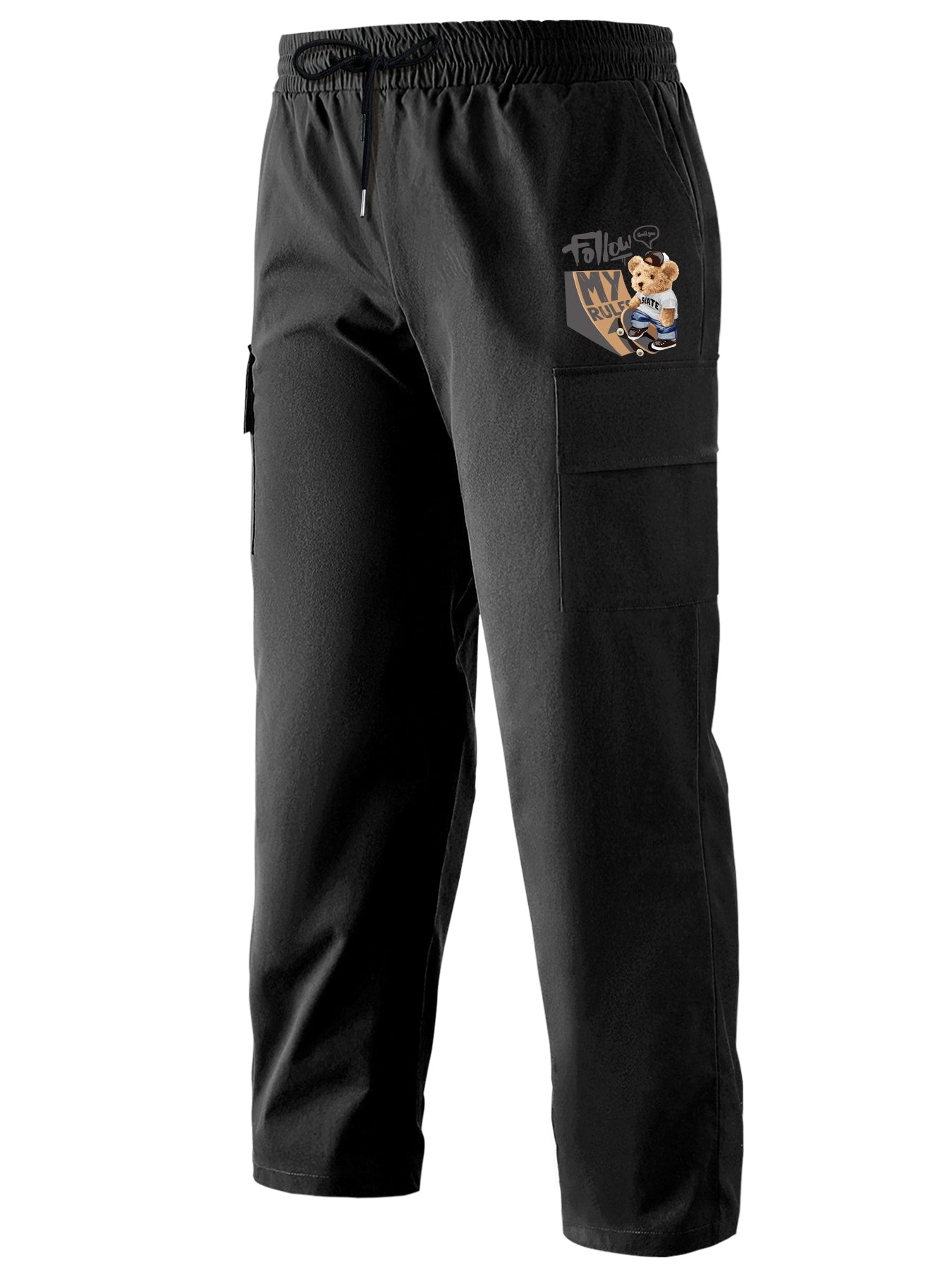 Letters Print Cargo Pants Men s Straight Leg Drawstring Cargo Pants