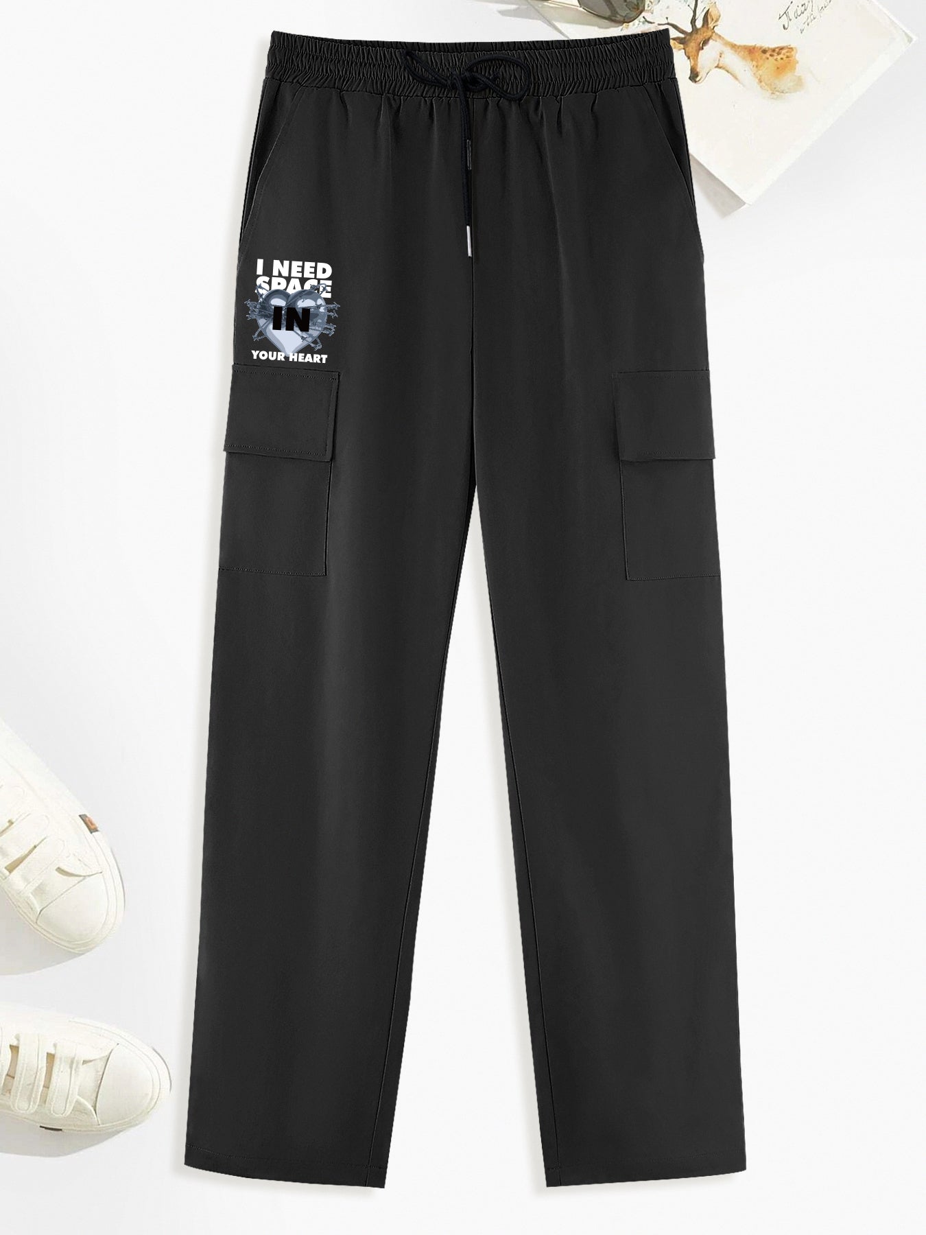 Letters Print Cargo Pants Men s Straight Leg Drawstring Cargo Pants