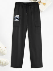 Letters Print Cargo Pants Men s Straight Leg Drawstring Cargo Pants