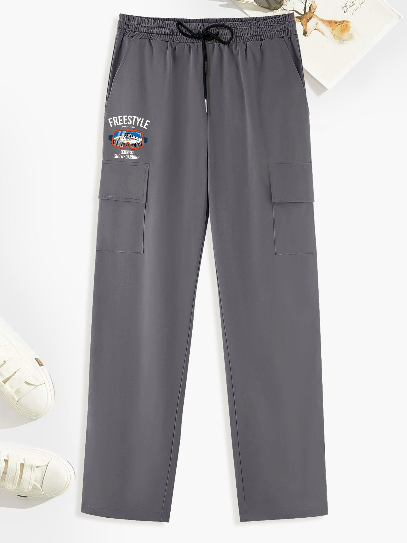 Creative Pattern Print Cargo Pants Men's Straight Leg Drawstring Cargo Pants
