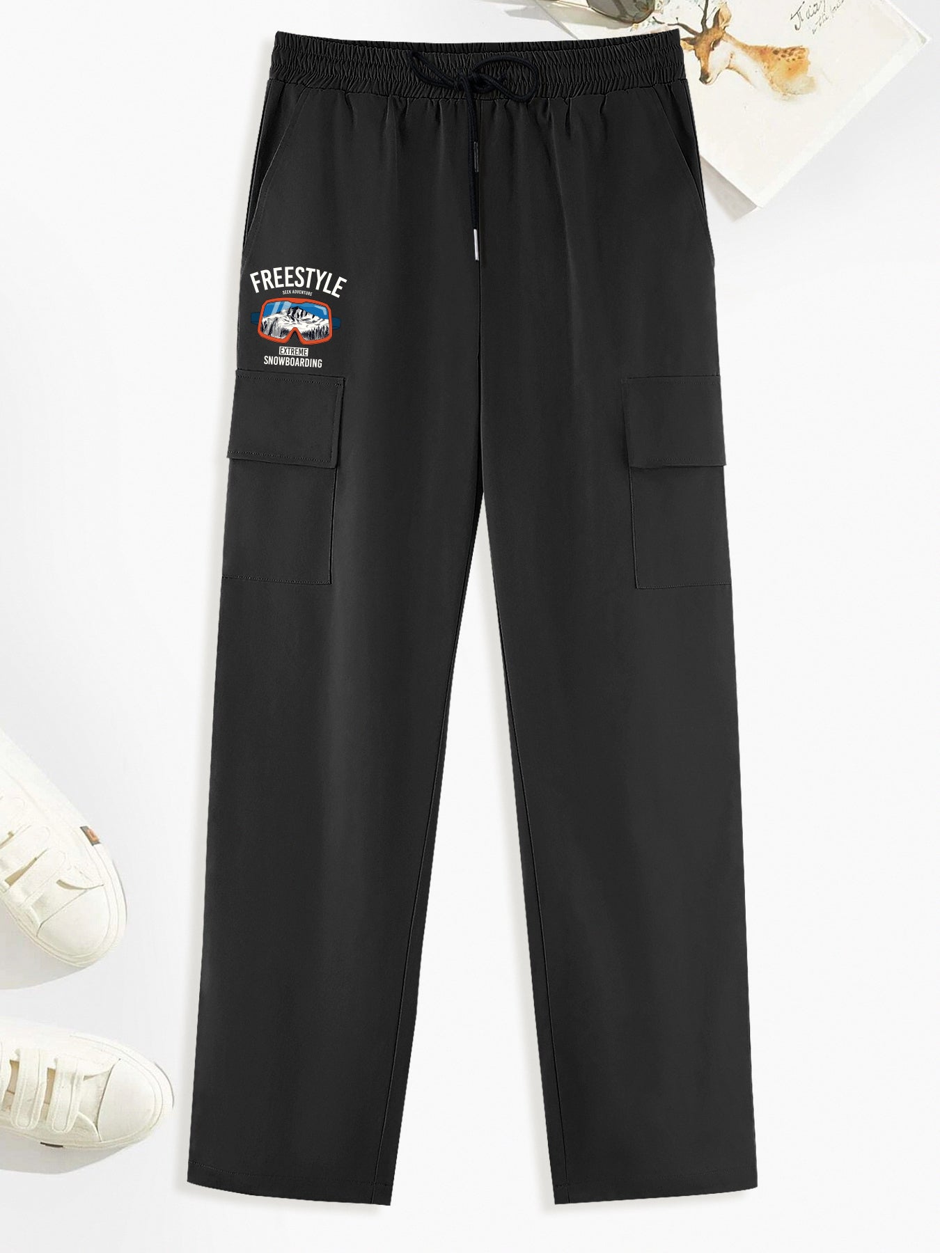 Creative Pattern Print Cargo Pants Men's Straight Leg Drawstring Cargo Pants