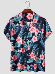 Flower & Leaf Print Casual Hawaiian Shirt Men s Short Sleeve Top