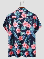 Flower & Leaf Print Casual Hawaiian Shirt Men s Short Sleeve Top